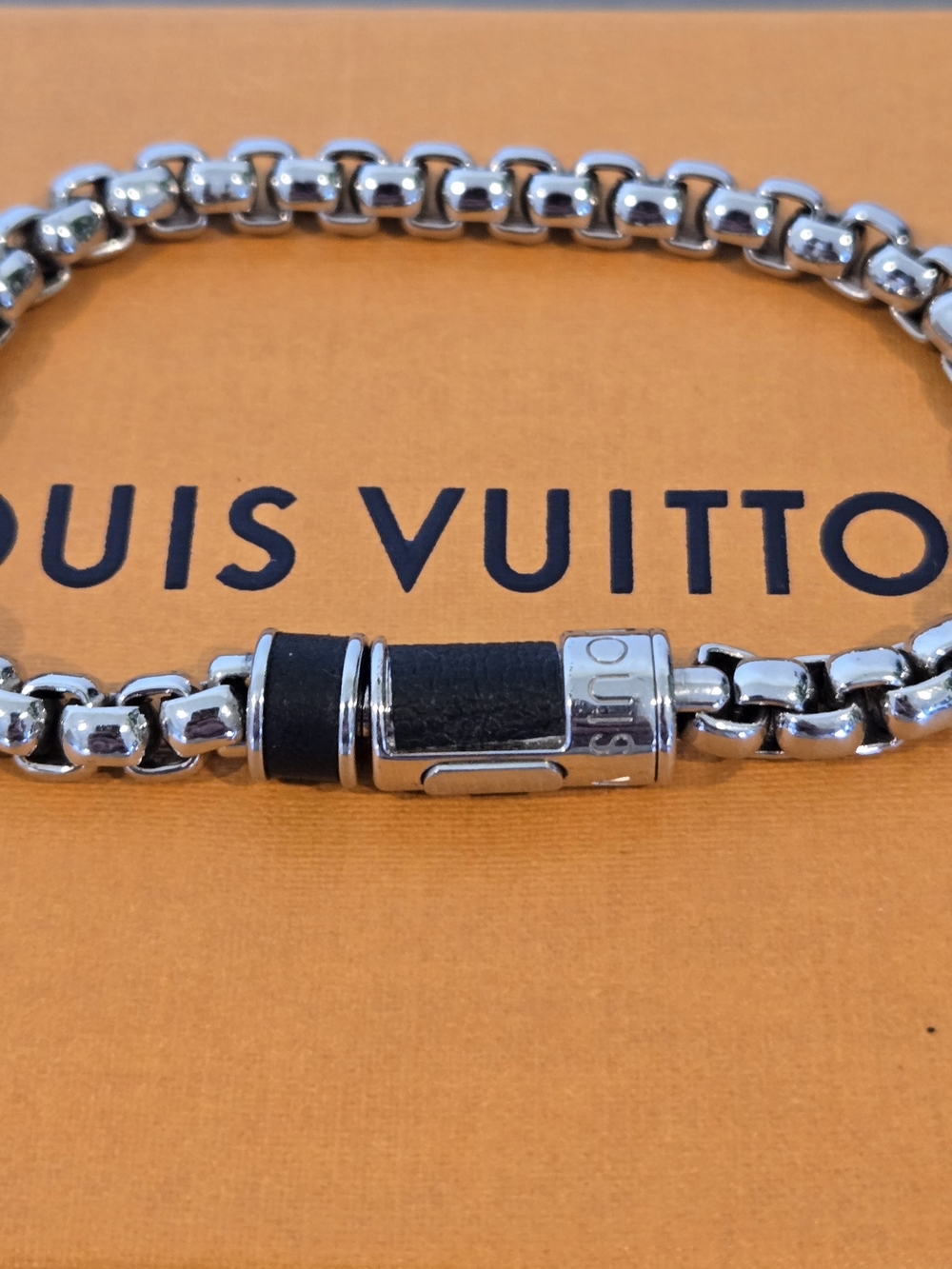 Louis Vuitton Silver Chain Bracelet with Black Leather Accent - Picture 2 of 3